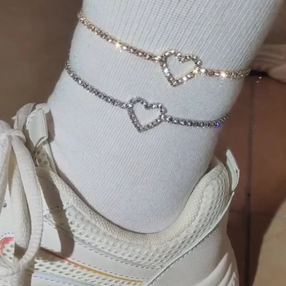 Heart anklet rhinestone open hallow diamond sparkly silver ankle bracelet y2k - Picture 4 of 5